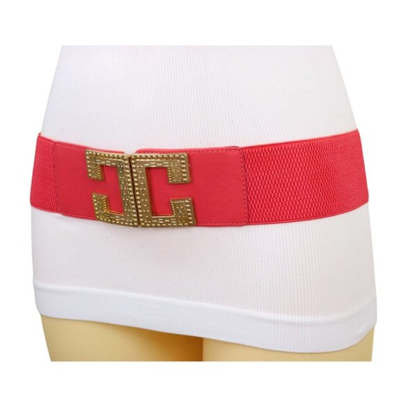 New Women Coral Pink Red Elastic Wide Fashion Belt Gold Metal C Buckle Size S M - Picture 8 of 17